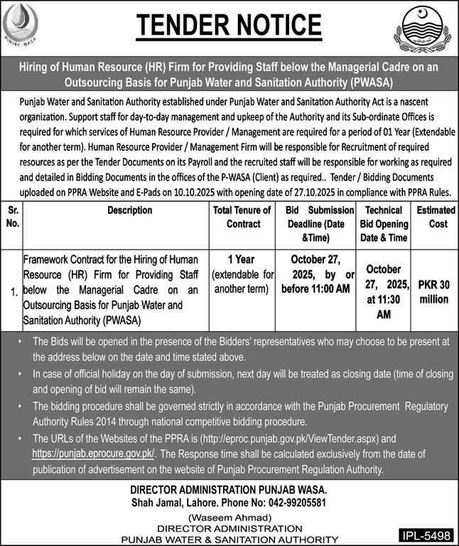 Punjab Water & Sanitation Authority Lahore Tender Notice